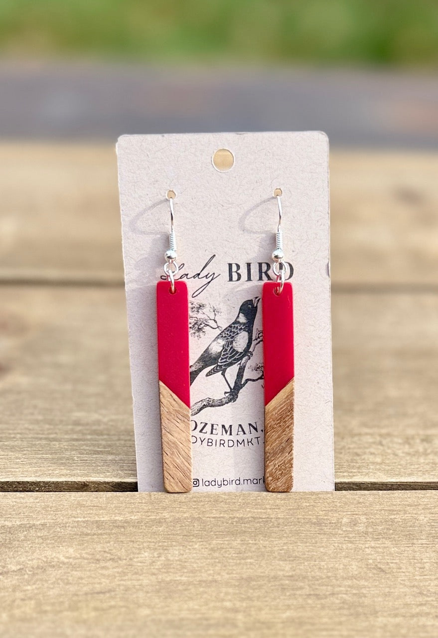 walnut wood and deep cherry red resin stick earrings with gold or silver hardware