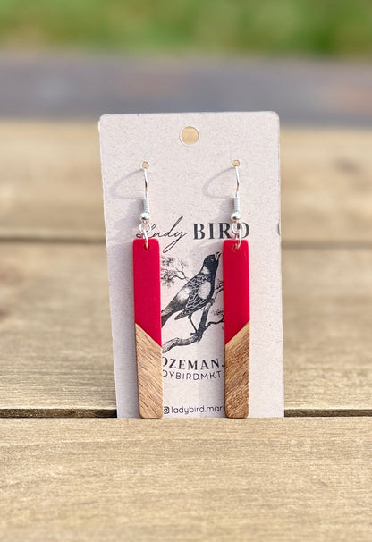 walnut wood and deep cherry red resin stick earrings with gold or silver hardware