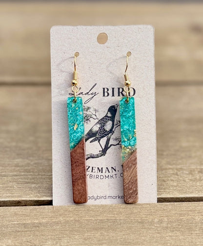 walnut wood and sea green pearlescent resin stick earrings with gold foil