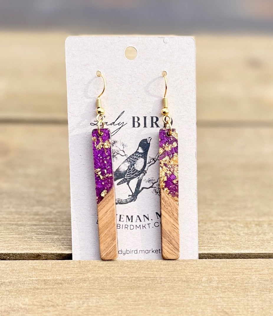 purple pearlescent resin and walnut wood earrings with gold foil