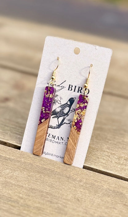 walnut wood and purple pearlescent resin stick earrings with gold foil