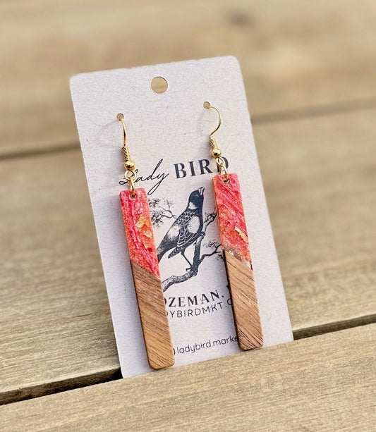 walnut wood and coral pearlescent resin stick earrings with gold foil