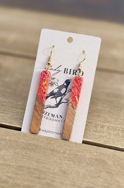 coral pearlescent resin and walnut wood earrings with gold foil