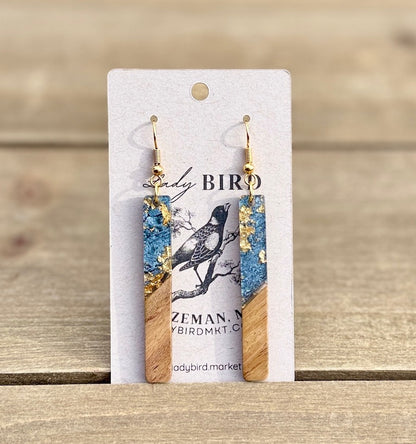 walnut wood and black pearlescent gold foil resin earrings