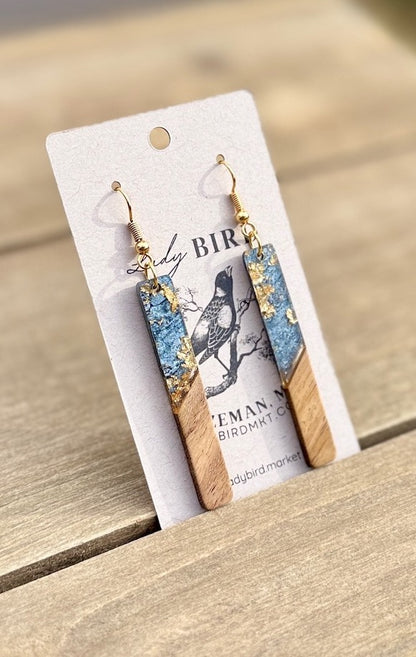 black pearlescent resin and walnut wood earrings with gold foil