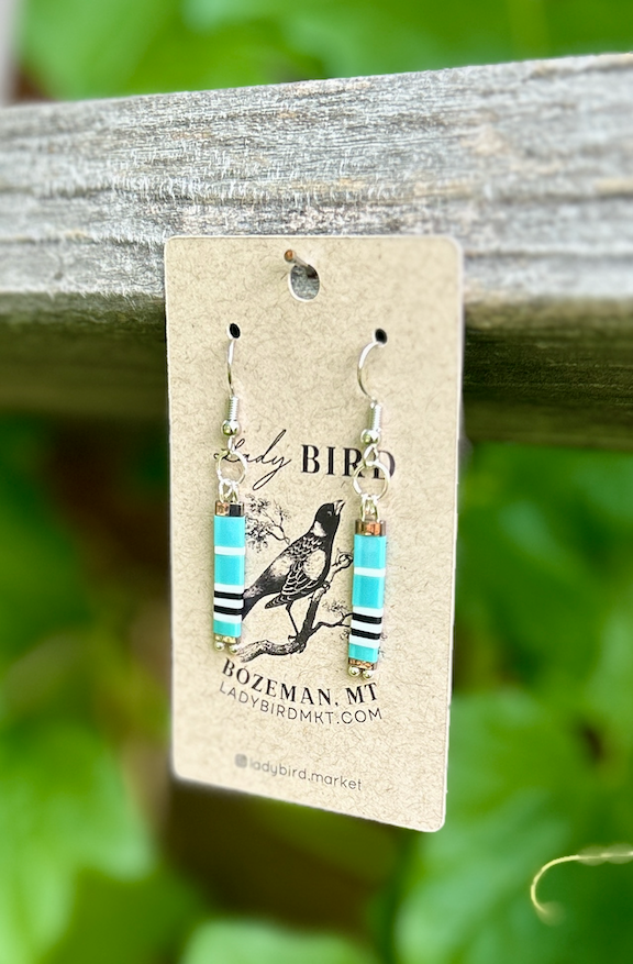 Turquoise & Zebra Striped Tila Bead Dangle Earrings