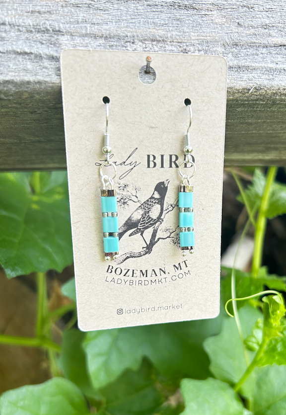 Turquoise & Grey Beaded Tila Dangle Earrings