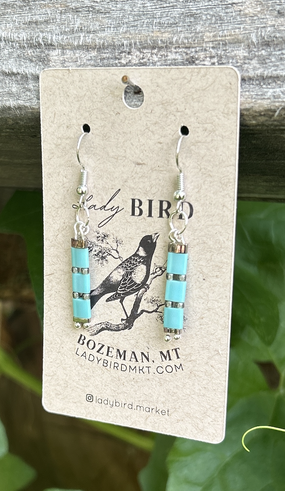 Turquoise & Grey Beaded Tila Dangle Earrings