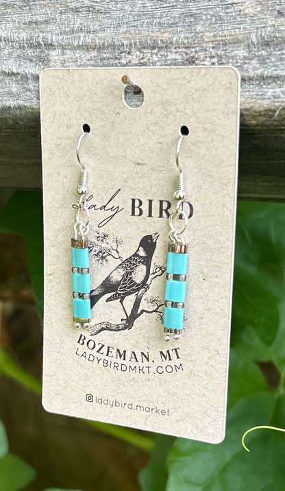 Turquoise & Grey Beaded Tila Dangle Earrings