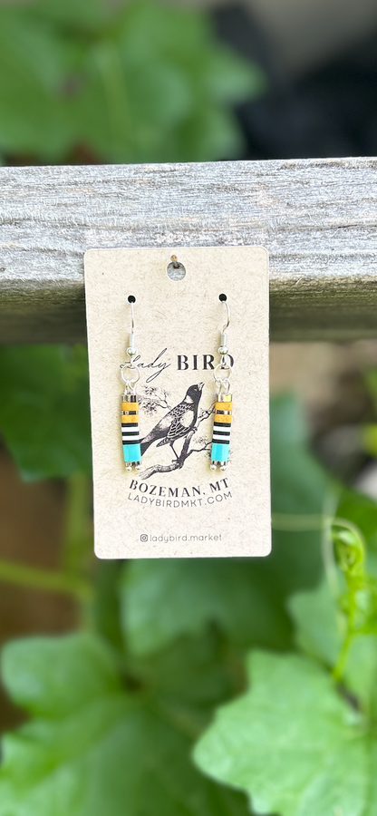 Yellow, Turquoise & Zebra Striped Tila Bead Dangle Earrings | Handmade Boho Jewelry