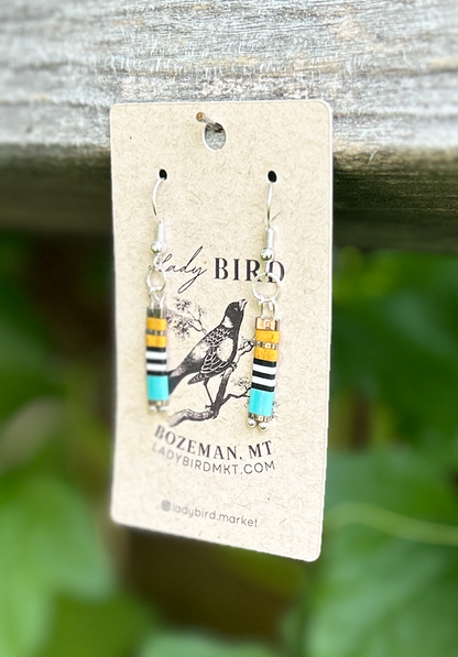 Yellow, Turquoise & Zebra Striped Tila Bead Dangle Earrings | Handmade Boho Jewelry