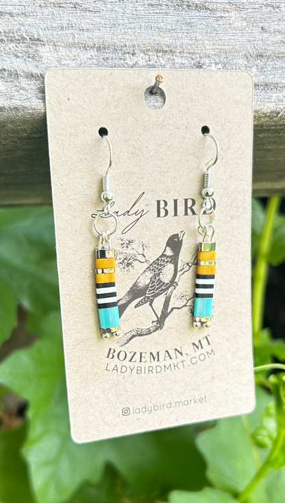 Yellow, Turquoise & Zebra Striped Tila Bead Dangle Earrings | Handmade Boho Jewelry