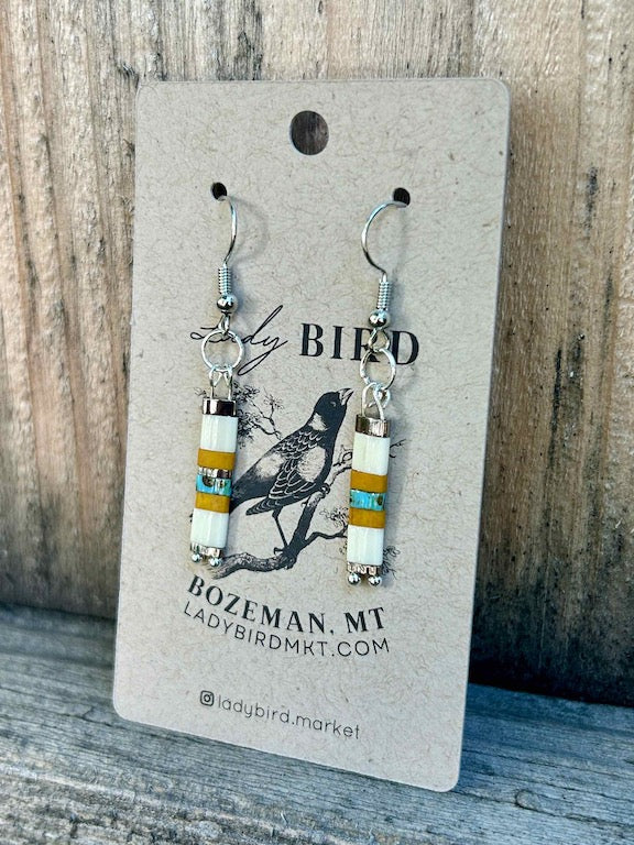 White Yellow & Turquoise Tila Bead Dangle Earrings