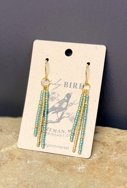 Translucent Jade & Silver or Gold Strand Seed Bead Dangle Earrings