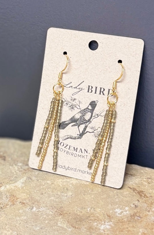 Gold-Lined Bronze Seed Bead Strand Dangle Earrings