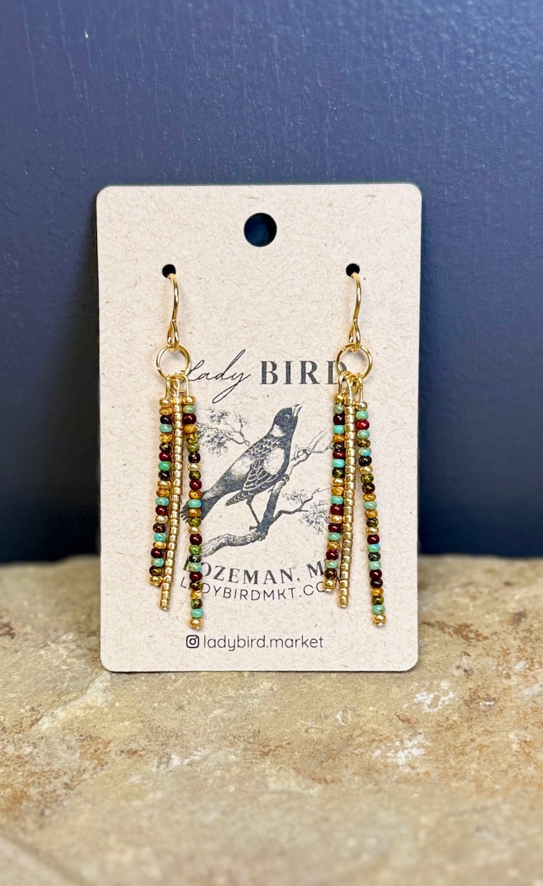 Earthy Mixed Seed Bead Strand Dangle Earrings with Golden Accent