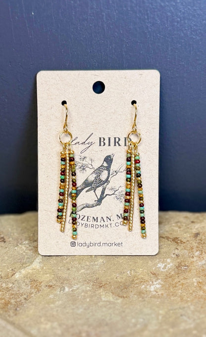 Earthy Mixed Seed Bead Strand Dangle Earrings with Golden Accent