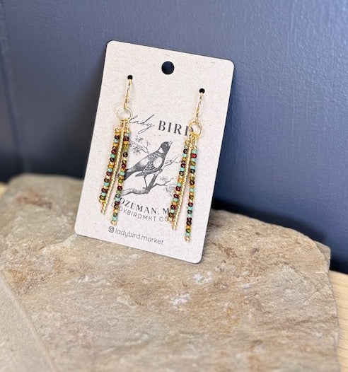 Earthy Mixed Seed Bead Strand Dangle Earrings with Golden Accent