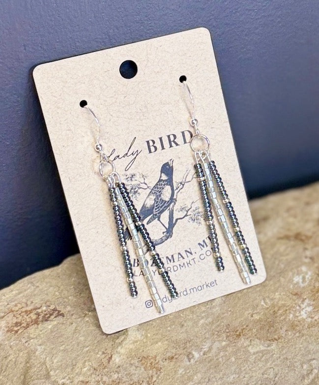 Black & Shimmery Silver Strand Seed Bead Dangle Earrings