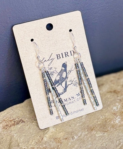 Black & Shimmery Silver Strand Seed Bead Dangle Earrings