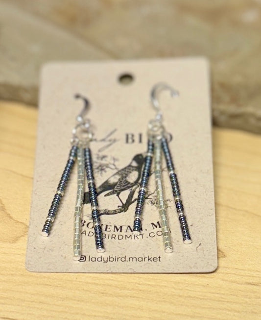 Black & Shimmery Silver Strand Seed Bead Dangle Earrings