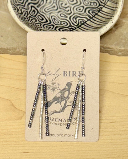 Black & Shimmery Silver Strand Seed Bead Dangle Earrings