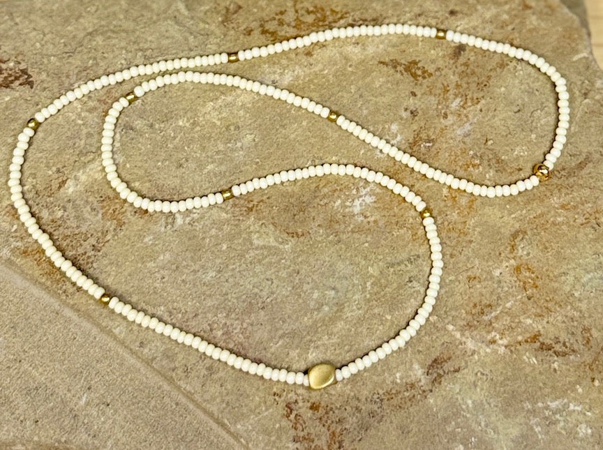 Creamy White Stretchy Seed Bead Necklace with Gold Nugget Charm