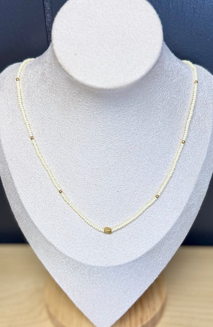 Creamy White Stretchy Seed Bead Necklace with Gold Nugget Charm