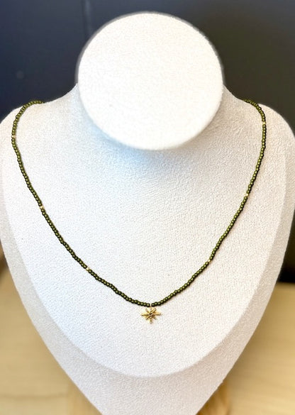Olive Green Stretchy Seed Bead Necklace with Gold Starburst Charm