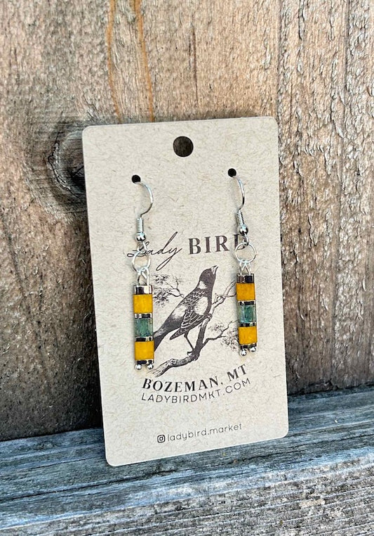 Sunflower & Mossy Green Beaded Tila Dangle Earrings