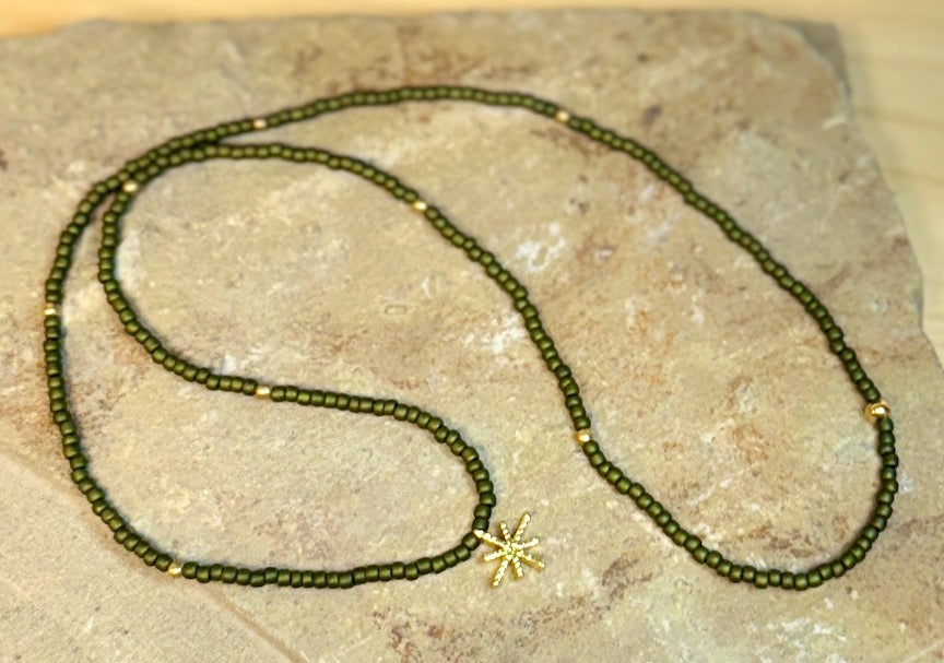 Olive Green Stretchy Seed Bead Necklace with Gold Starburst Charm