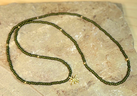 Olive Green Stretchy Seed Bead Necklace with Gold Starburst Charm