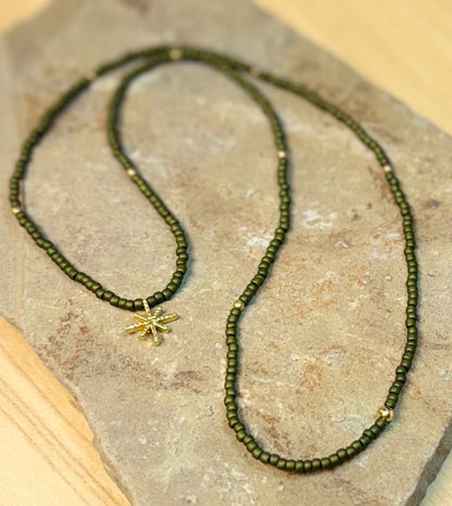Olive Green Stretchy Seed Bead Necklace with Gold Starburst Charm