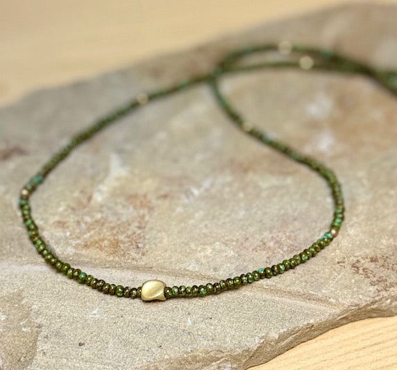 Hunter Green Stretchy Seed Bead Necklace with Gold Nugget Charm