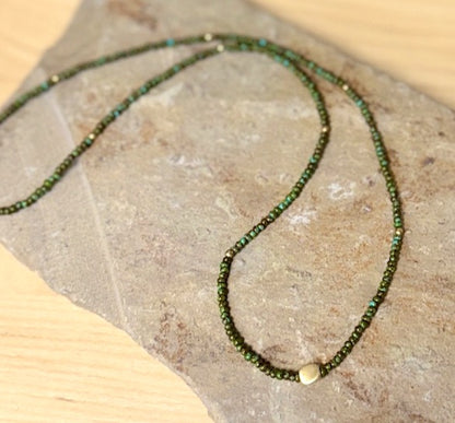 Hunter Green Stretchy Seed Bead Necklace with Gold Nugget Charm