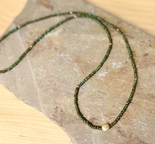 Hunter Green Stretchy Seed Bead Necklace with Gold Nugget Charm