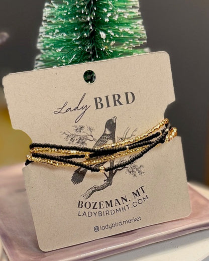 Black & Shimmering Gold Seed Bead Boho Wrap Bracelet & Necklace