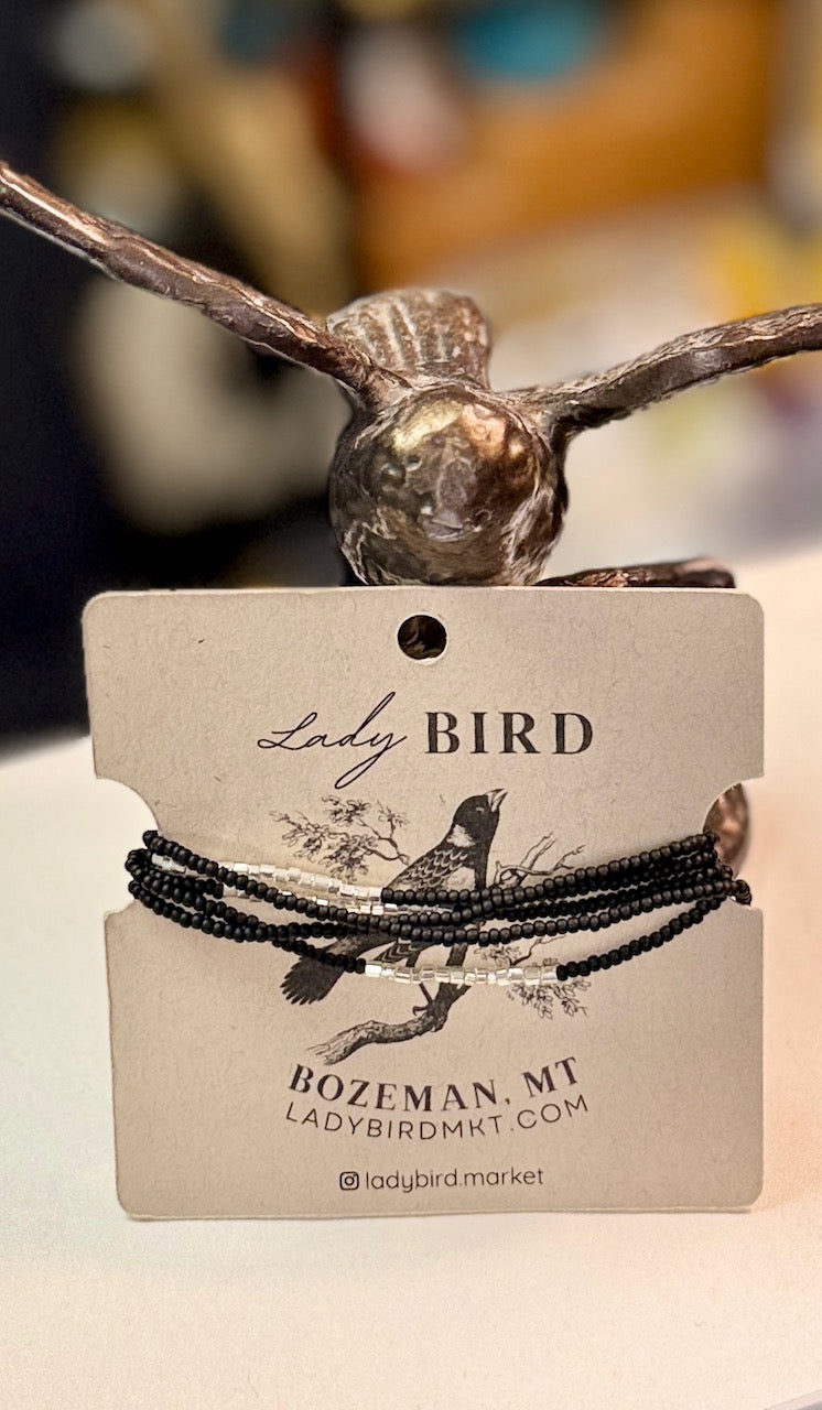 Black & Shimmering Silver Seed Bead Boho Wrap Bracelet & Necklace