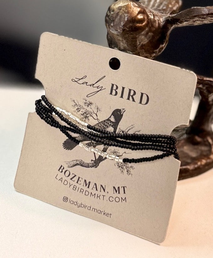 Black & Shimmery Silver Strand Seed Bead Dangle Earrings