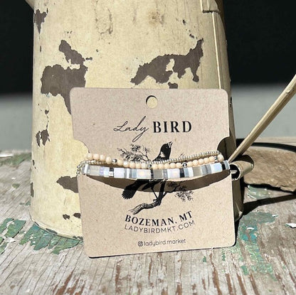 White Mix & Silver or Gold Tila Bead Stacked Wrap Bracelet Set – Boho Beaded Layered Bracelets