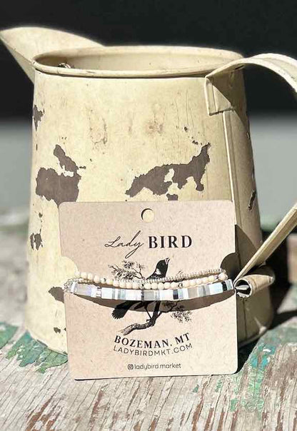 White Mix & Silver or Gold Tila Bead Stacked Wrap Bracelet Set – Boho Beaded Layered Bracelets