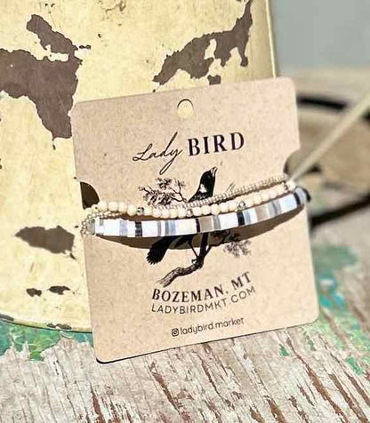 White Mix & Silver or Gold Tila Bead Stacked Wrap Bracelet Set – Boho Beaded Layered Bracelets