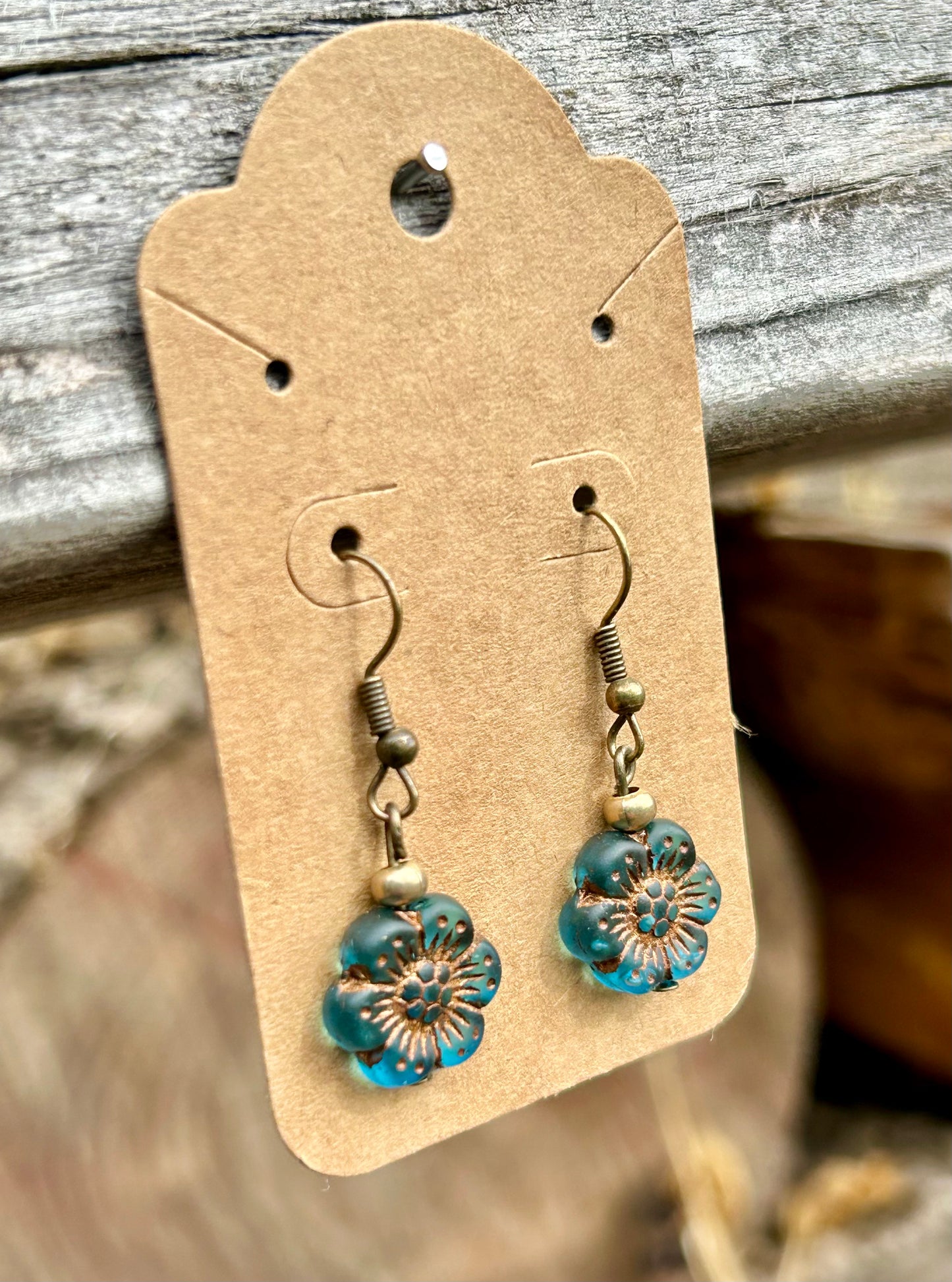 Translucent Sapphire Blue & Copper Etched Wild Rose Flower Earrings