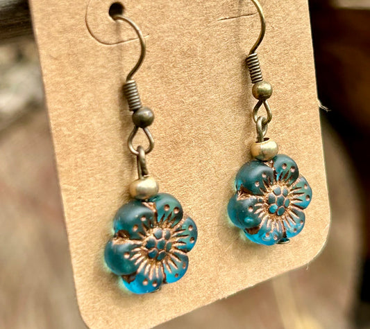 Translucent Sapphire Blue & Copper Etched Wild Rose Flower Earrings