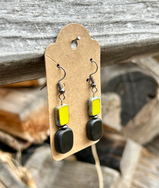 Yellow Pop & Black Glass Bead Earrings