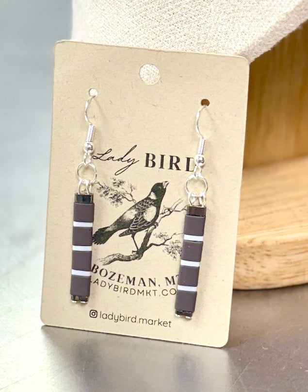 Gunmetal Grey & White Striped Tila Bead Earrings