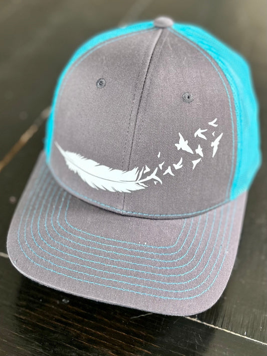 Turquoise & Grey Feather Bird Burst Trucker Hat