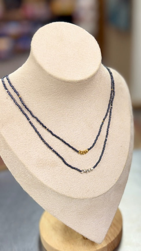 Steel Grey Seed Bead Necklace with Gold-Plated Pure Silver Nuggets – Delicate Stretchy Layering Necklace (Copy)
