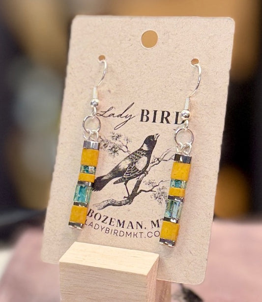 Sunflower & Mossy Green Tila Bead Dangle Earrings in Silver or Gold