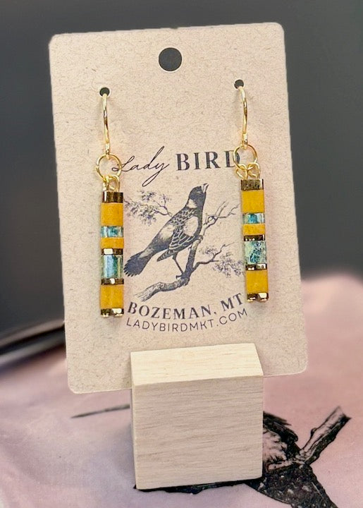 Sunflower & Mossy Green Tila Bead Dangle Earrings in Silver or Gold